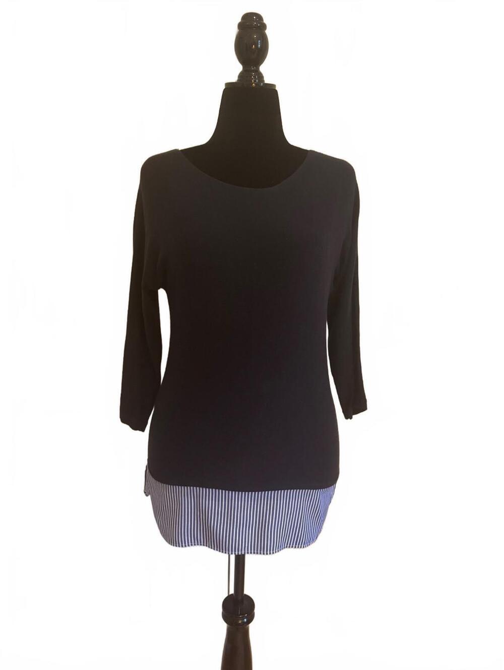 Ann Taylor Women's Navy Blue Sweater with Striped Hem, Size Small